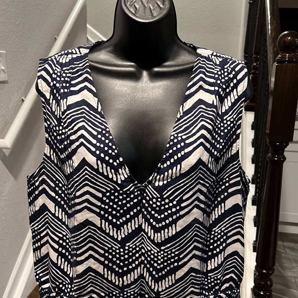 Blue and White J. Crew Linen Jump Suit side pockets 2 decorative back pockets